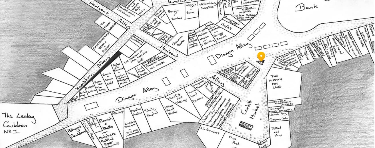 mapa marcando o endereço em Beco Diagonal, atrás de um pub chamado Caldeirão Furado, em Londres - UK